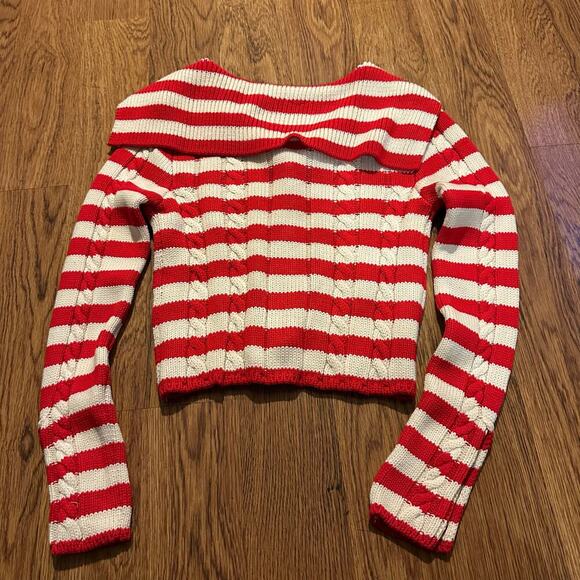 Zara red white striped cable knit long sleeve cardigan sweater XS wide collar - Picture 6 of 10